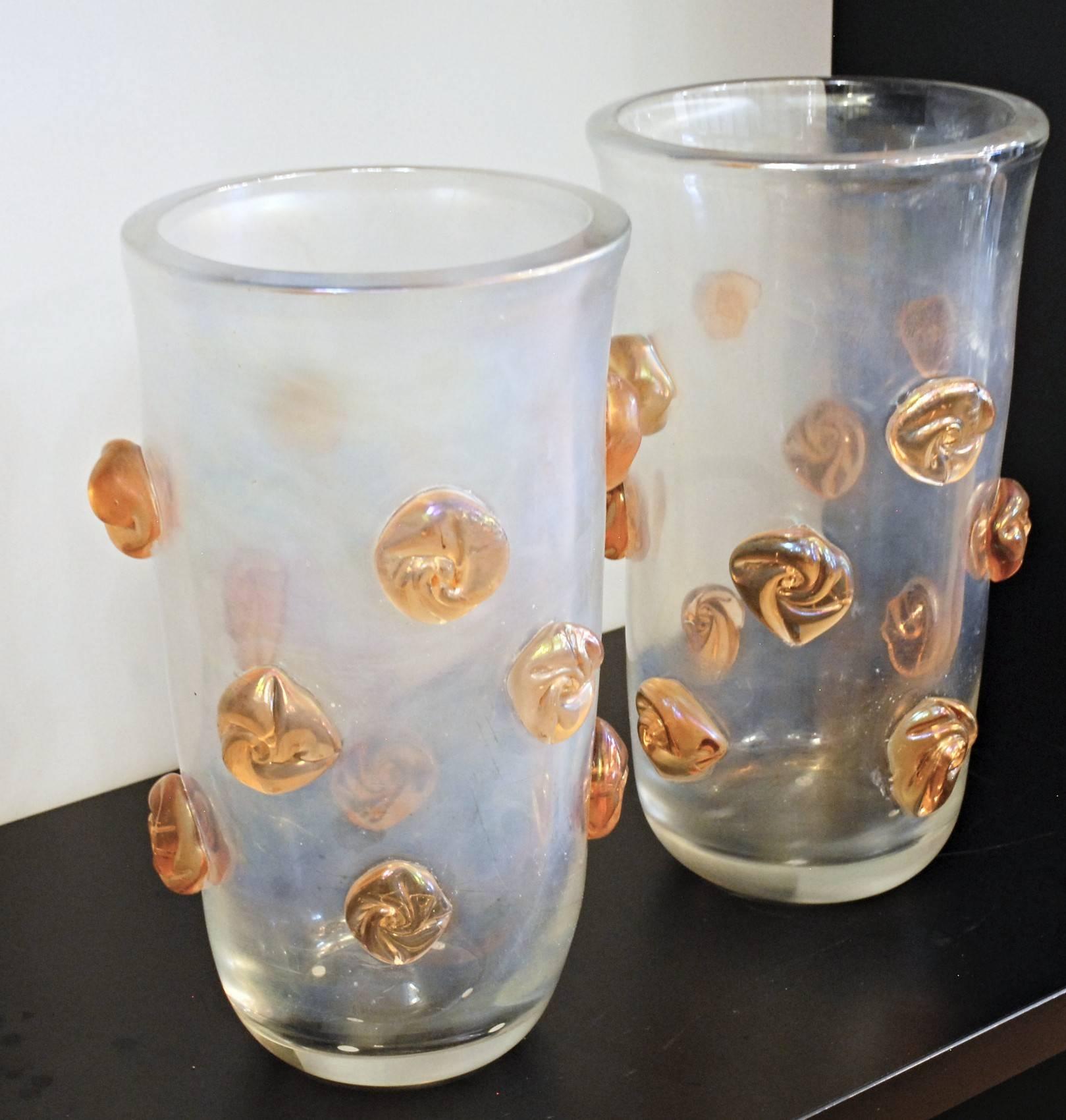 Italian Alberto Donà, Clear Deep Iridescence and Orange Blush Rosettes Glass Vase