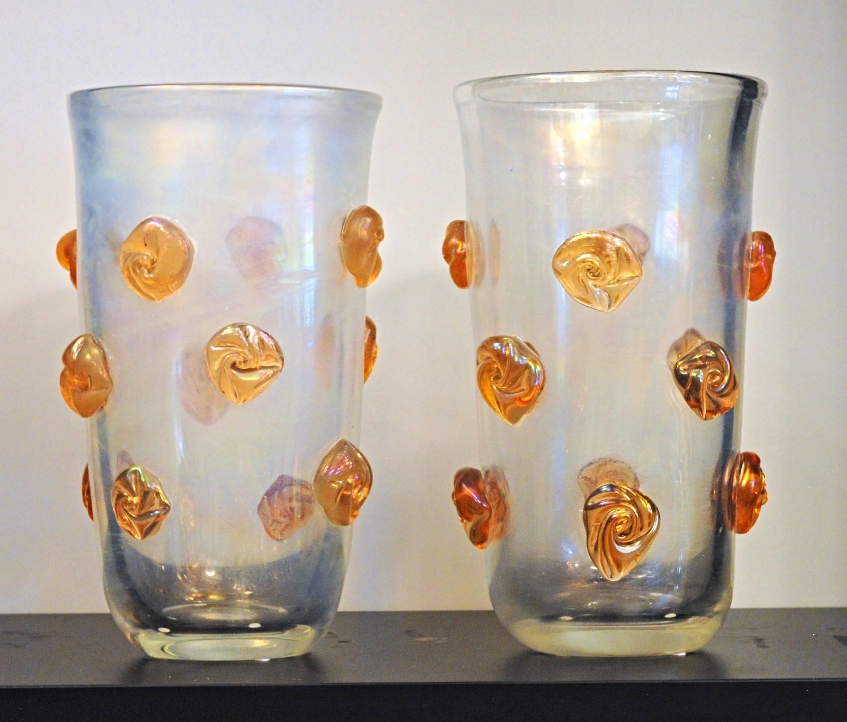 Contemporary Alberto Donà, Clear Deep Iridescence and Orange Blush Rosettes Glass Vase