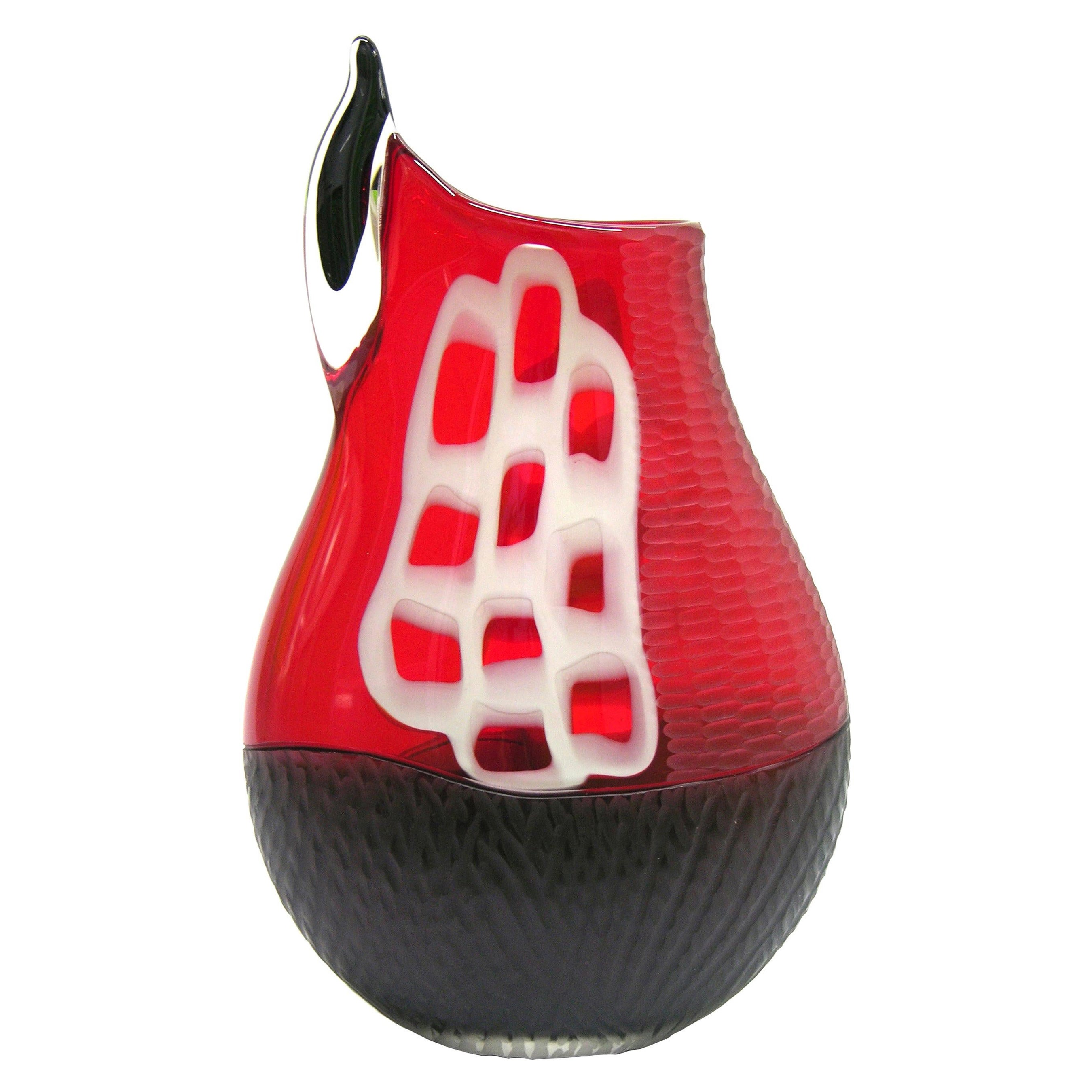 Alberto Dona - Vase moderne en verre de Murano rouge, noir et blanc gravé, sculpture des années 1980