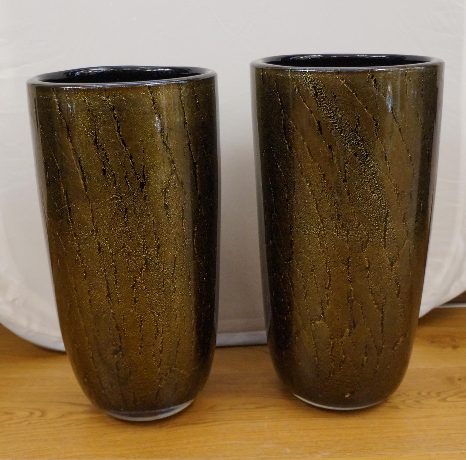 Alberto Donà Art Deco Black Gold Pair of Murano Glass Vases Signed Jars, 1990s For Sale 11