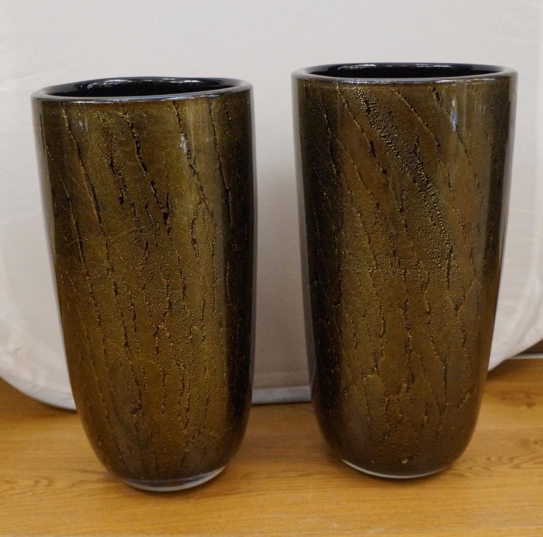 Alberto Donà Art Deco Black Gold Pair of Murano Glass Vases Signed Jars, 1990s For Sale 10