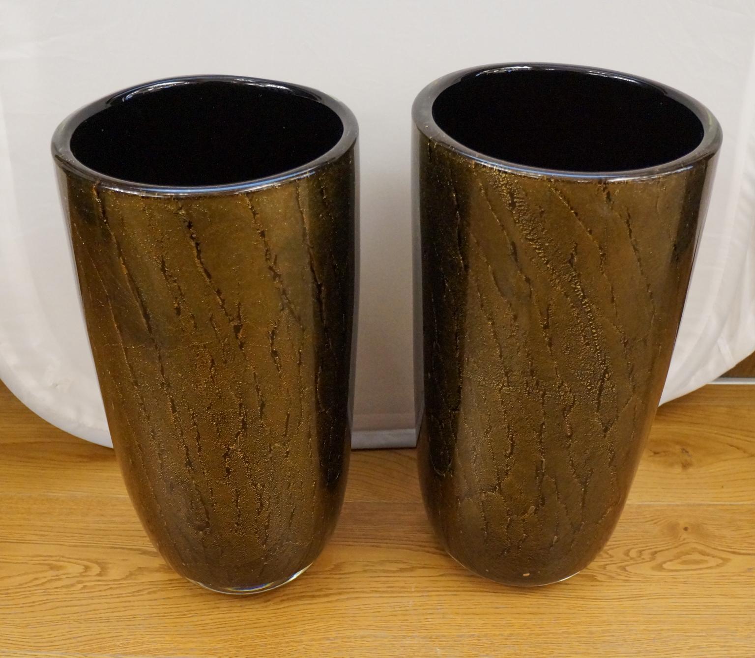 Alberto Donà Art Deco Black Gold Pair of Murano Glass Vases Signed Jars, 1990s For Sale 12