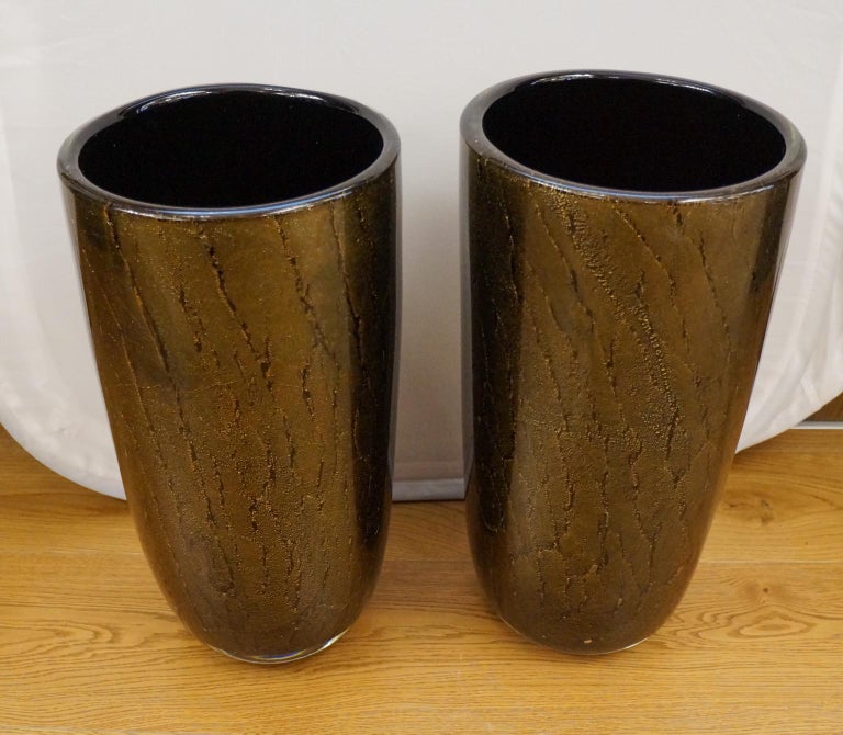 Alberto Donà Art Deco Black Gold Pair of Murano Glass Vases Signed Jars, 1990s For Sale 11