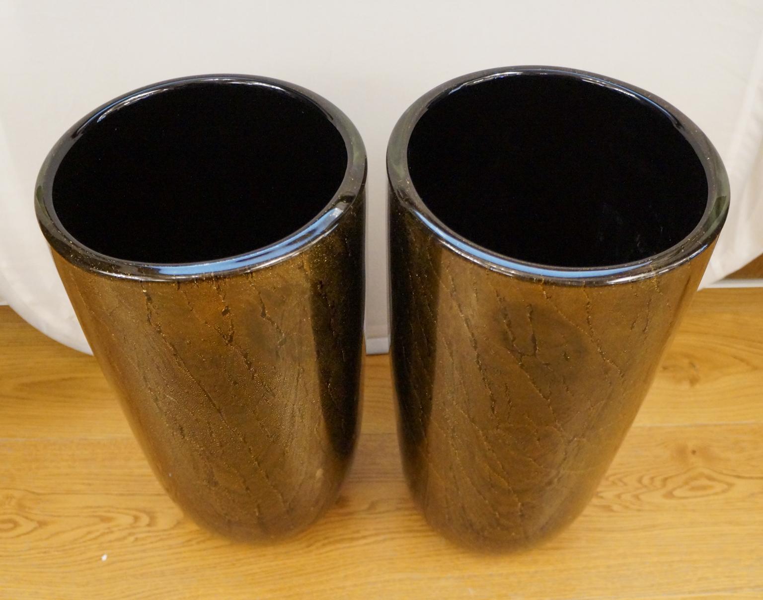 Italian Alberto Donà Art Deco Black Gold Pair of Murano Glass Vases Signed Jars, 1990s For Sale
