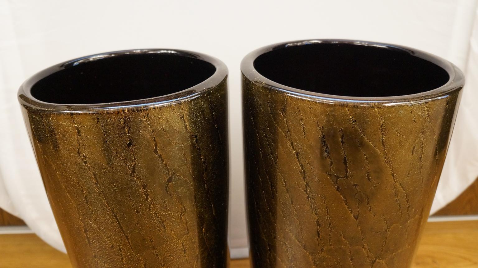Late 20th Century Alberto Donà Art Deco Black Gold Pair of Murano Glass Vases Signed Jars, 1990s For Sale