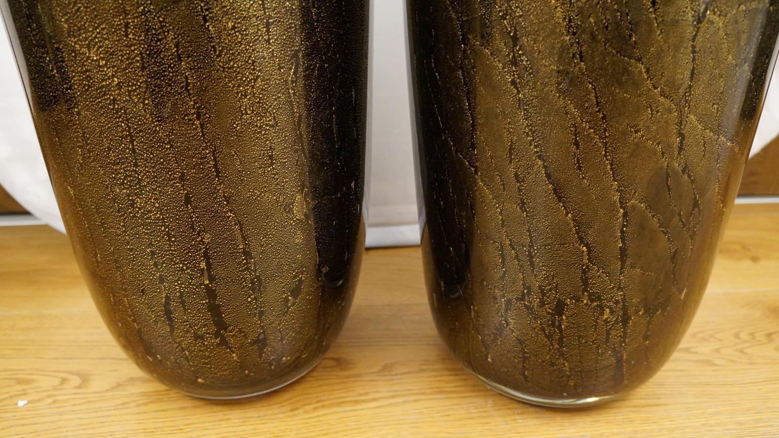Art Glass Alberto Donà Art Deco Black Gold Pair of Murano Glass Vases Signed Jars, 1990s For Sale