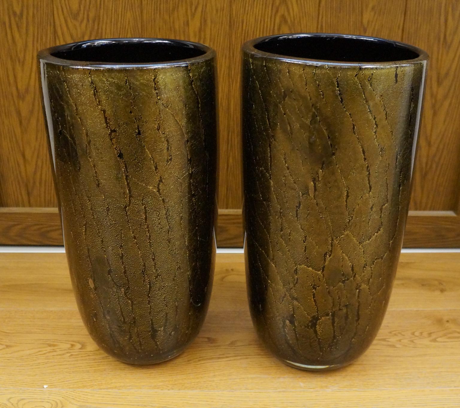 Alberto Donà Art Deco Black Gold Pair of Murano Glass Vases Signed Jars, 1990s For Sale 1