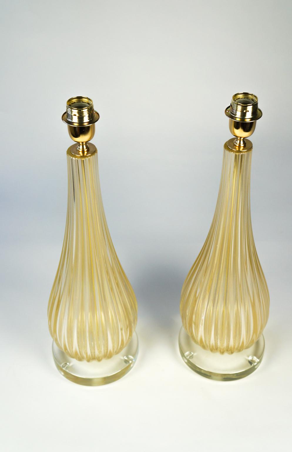 Italian Alberto Donà Art Deco Gold Leaf Two of Murano Glass Table Lamps, 1998 For Sale