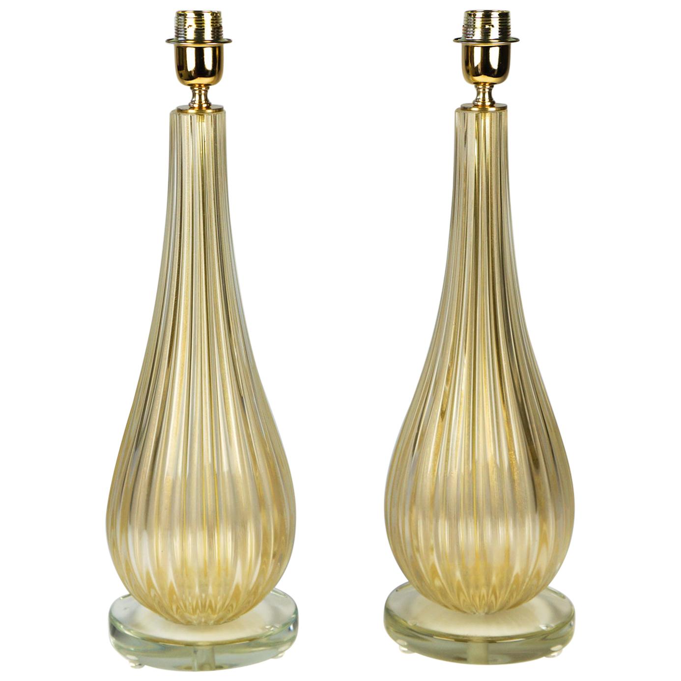Alberto Donà Art Deco Gold Leaf Two of Murano Glass Table Lamps, 1998