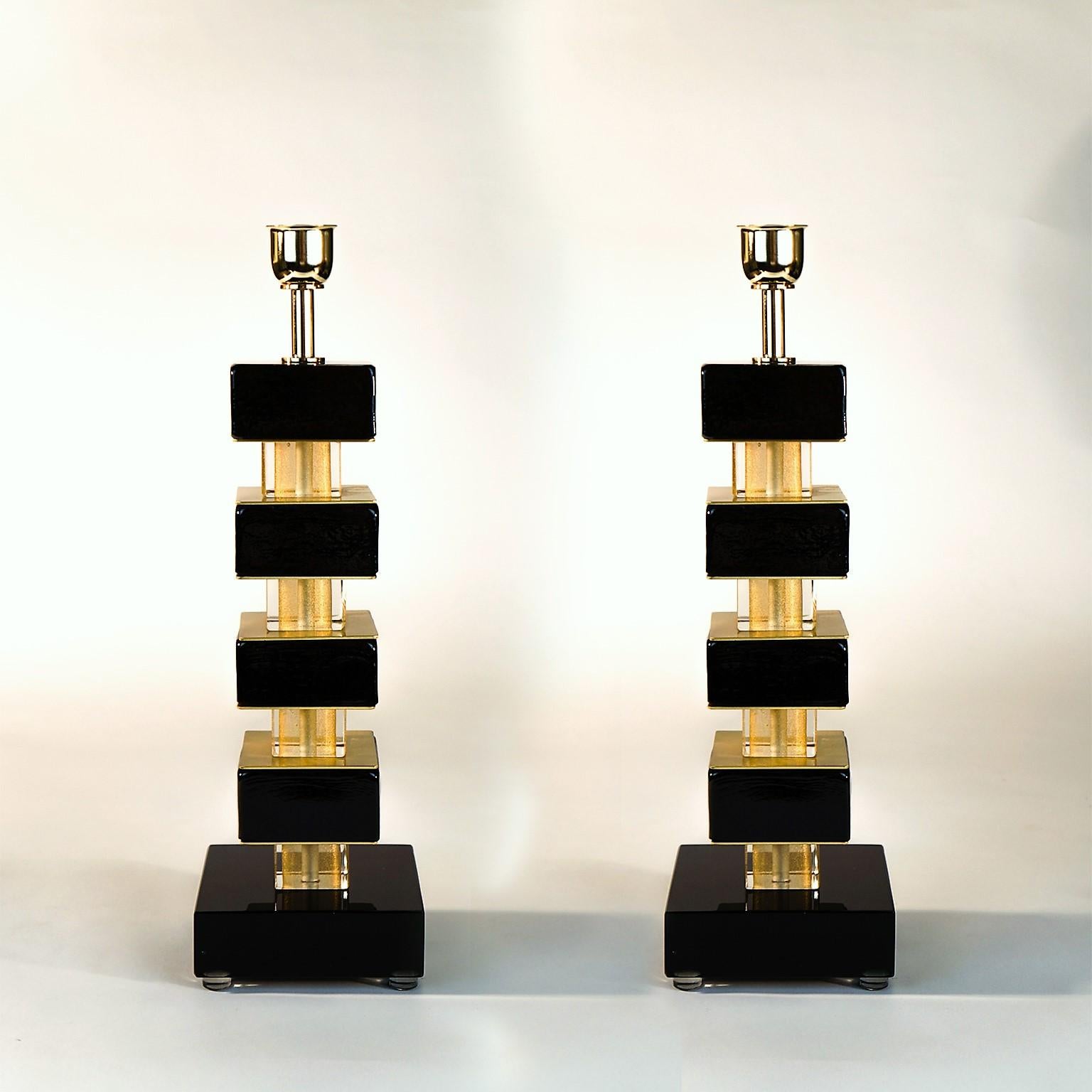Alberto Donà Black Gold Pair of Italian Murano Glass Table Lamps, 1980 For Sale 11