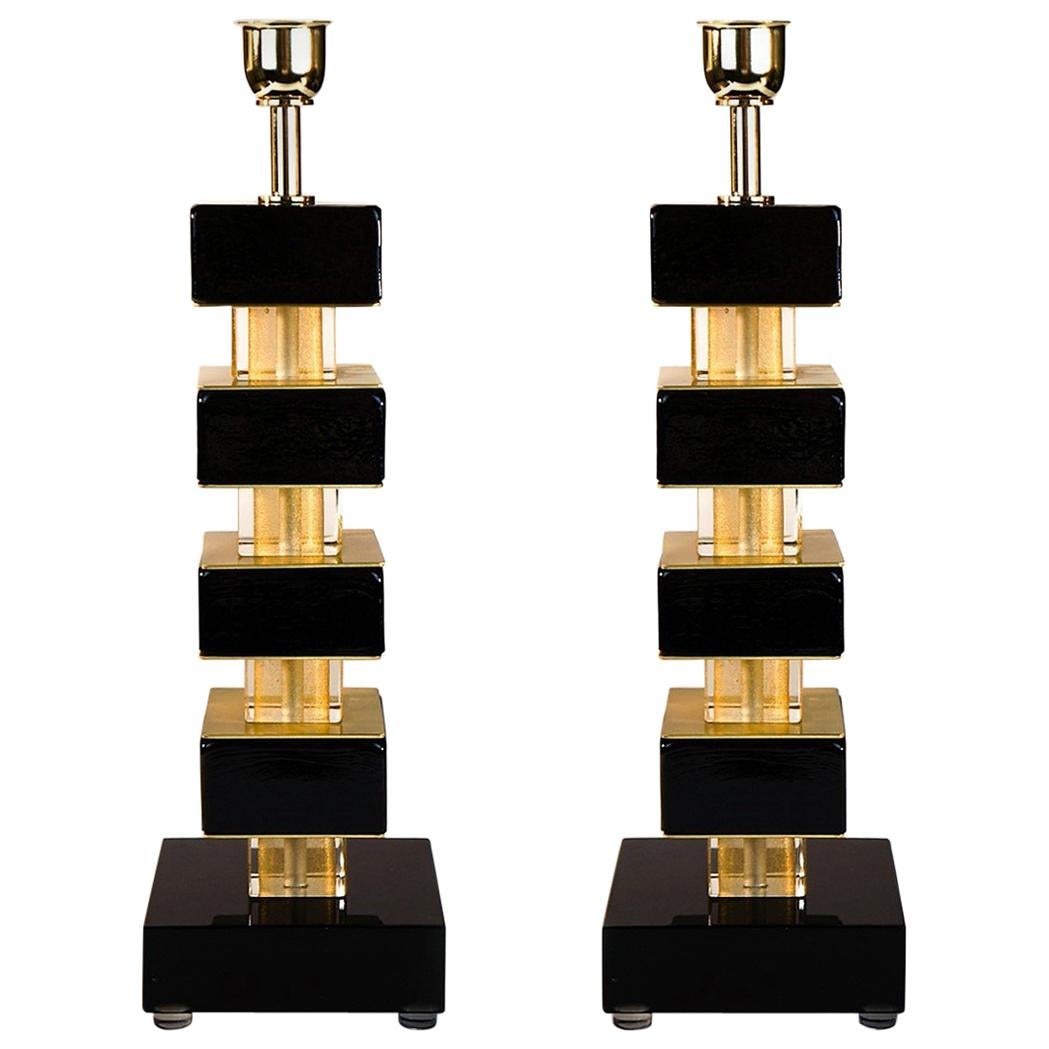Alberto Donà Black Gold Pair of Italian Murano Glass Table Lamps, 1980