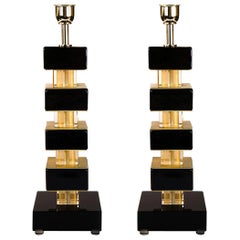 Alberto Donà Black Gold Pair of Italian Murano Glass Table Lamps, 1980
