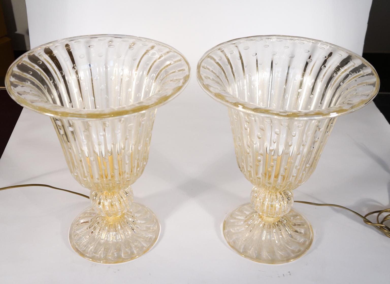 Mid-Century Modern Alberto Donà Crystal Gold Italian Venetian Pair of Table Lamps Murano, 1990s For Sale