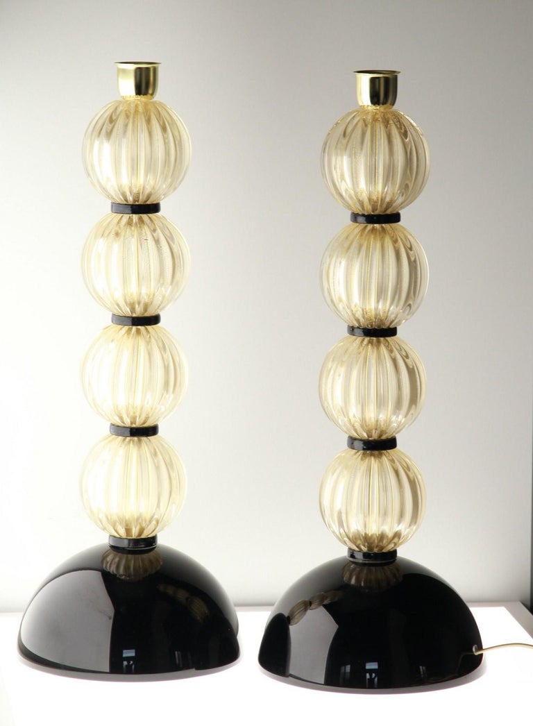 Alberto Donà,  Deco Table Lamps, Rigadin Gold Leaf Spheres, Black Accents, Pair For Sale 5