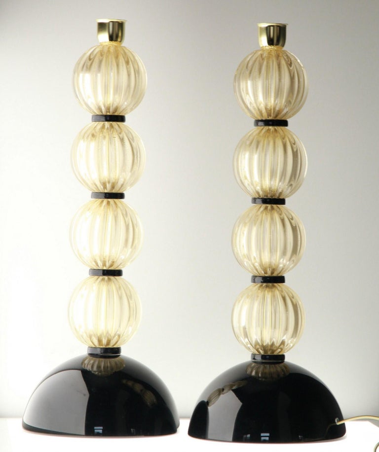 Alberto Donà,  Deco Table Lamps, Rigadin Gold Leaf Spheres, Black Accents, Pair For Sale 6
