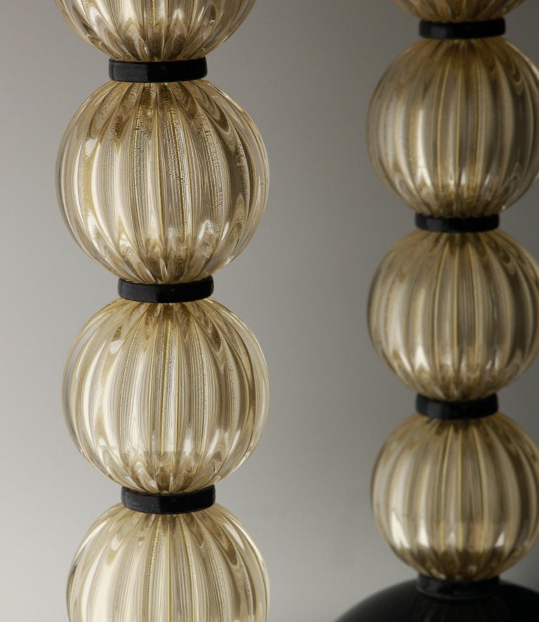 Alberto Donà,  Deco Table Lamps, Rigadin Gold Leaf Spheres, Black Accents, Pair For Sale 11