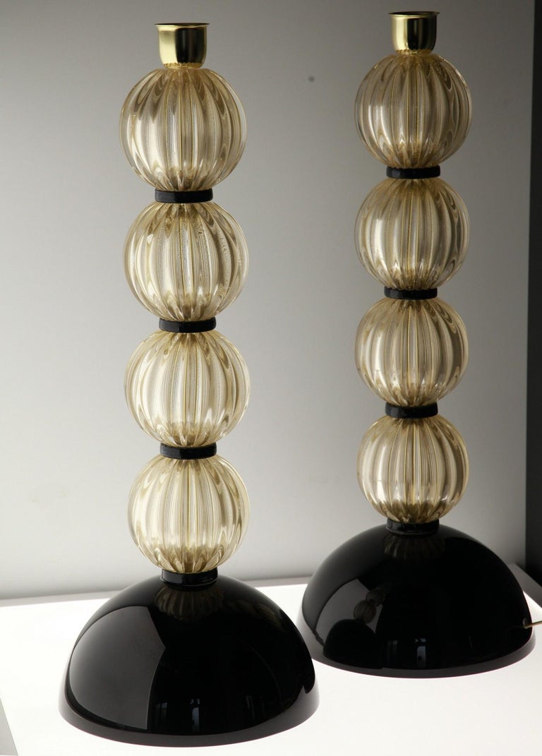 Alberto Donà,  Deco Table Lamps, Rigadin Gold Leaf Spheres, Black Accents, Pair For Sale 12