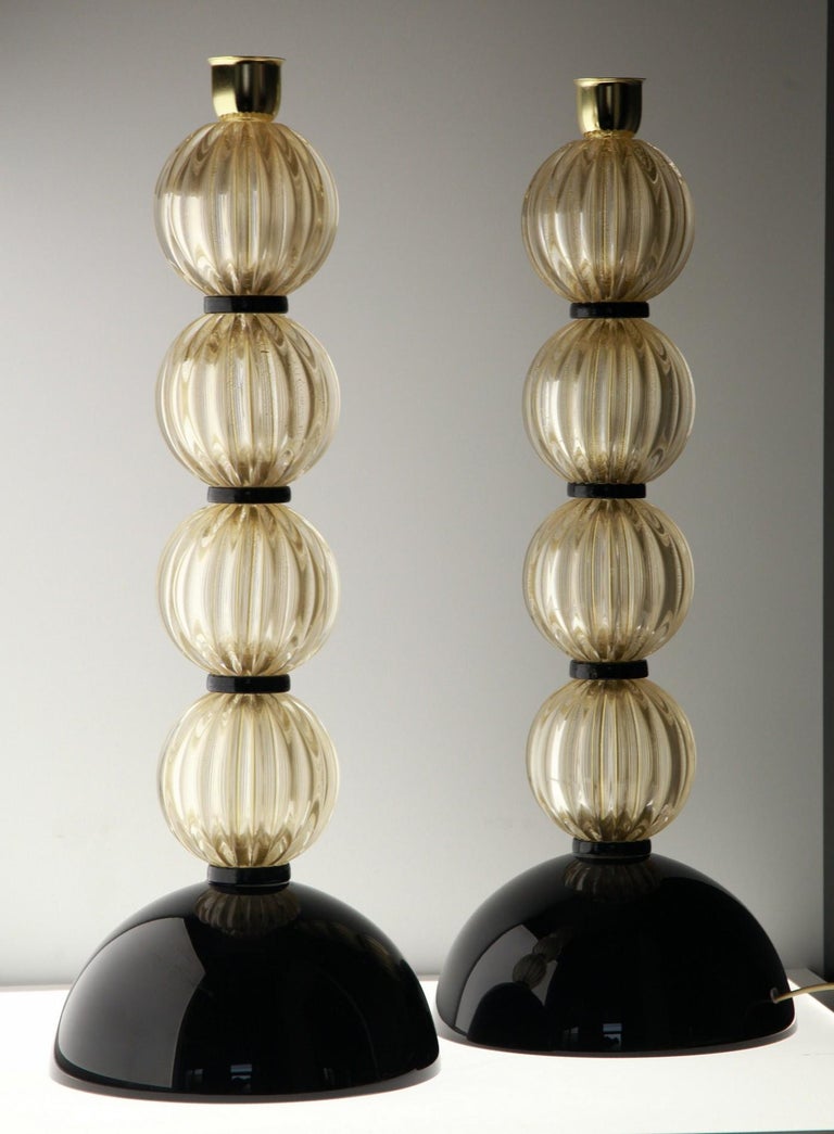 Alberto Donà,  Deco Table Lamps, Rigadin Gold Leaf Spheres, Black Accents, Pair For Sale 13