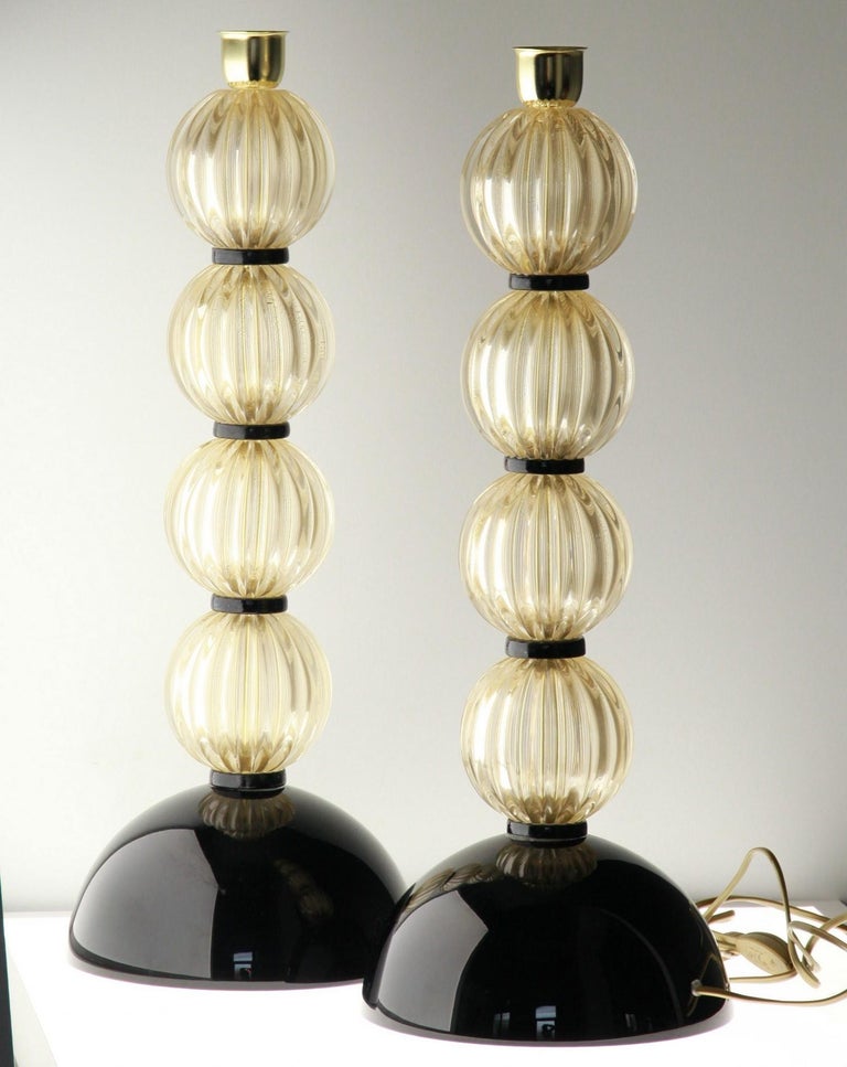 Alberto Donà,  Deco Table Lamps, Rigadin Gold Leaf Spheres, Black Accents, Pair For Sale 1