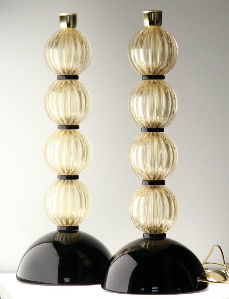 Alberto Donà,  Deco Table Lamps, Rigadin Gold Leaf Spheres, Black Accents, Pair For Sale 2