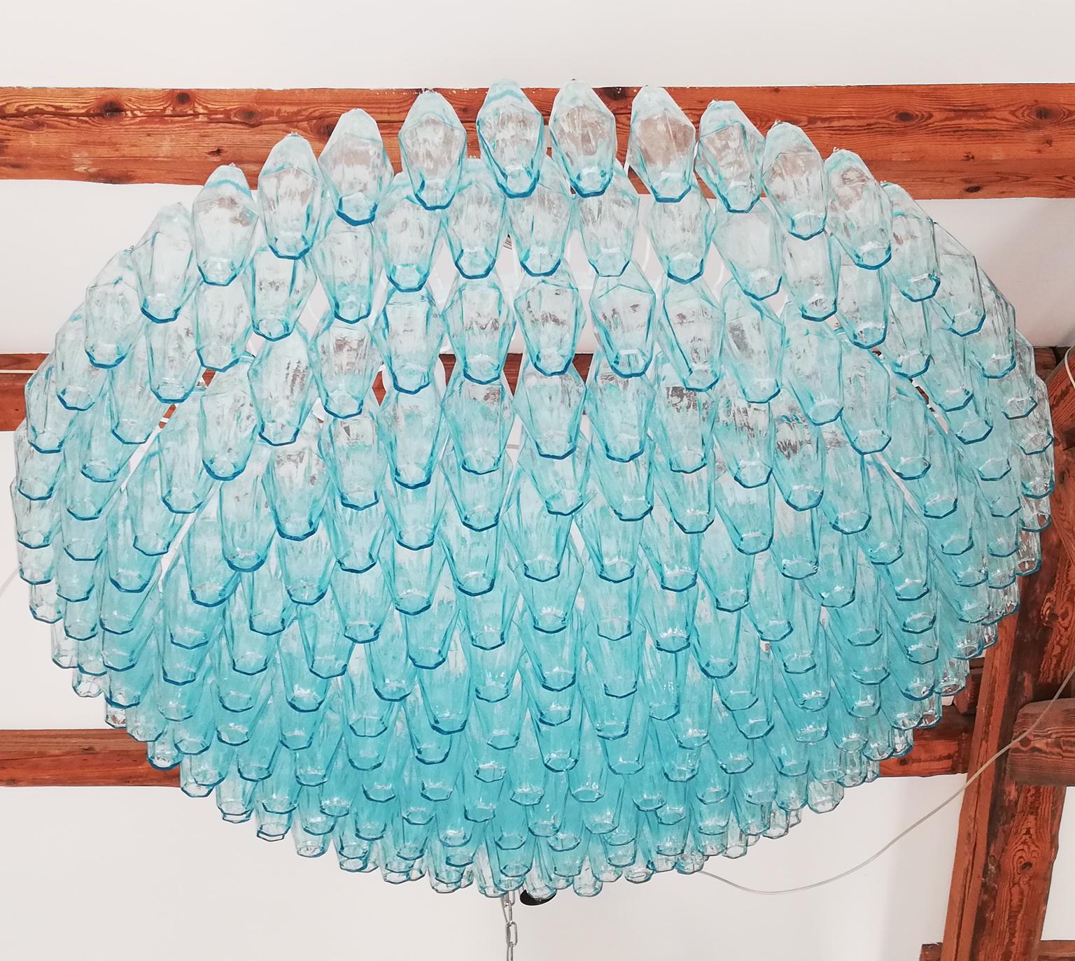Murano blown glass Poliedri chandelier color light blue elements. 
This fantastic chandelier contains a total of 282 elements called Poliedri. 

This classic developed in the 1960s and then reproduced by Maestro Alberto Donà in different shapes