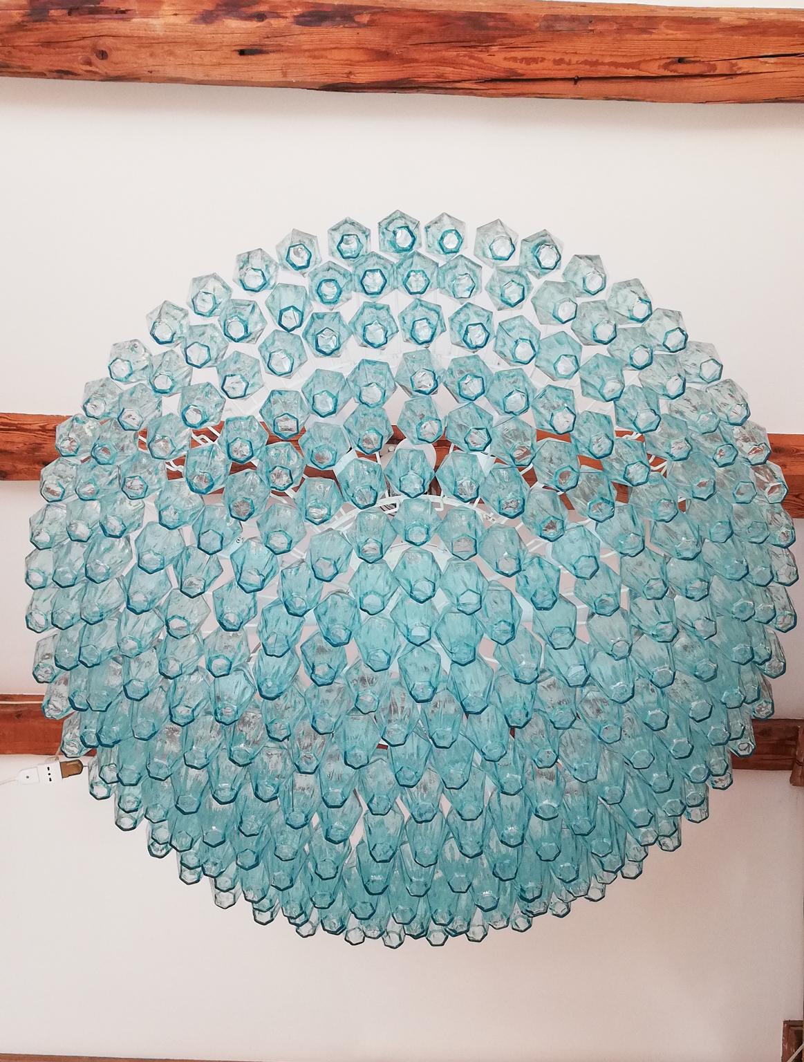 Hand-Crafted Alberto Donà Midcentury Light Blue Murano Glass Poliedri Chandelier, Italy, 1985 For Sale