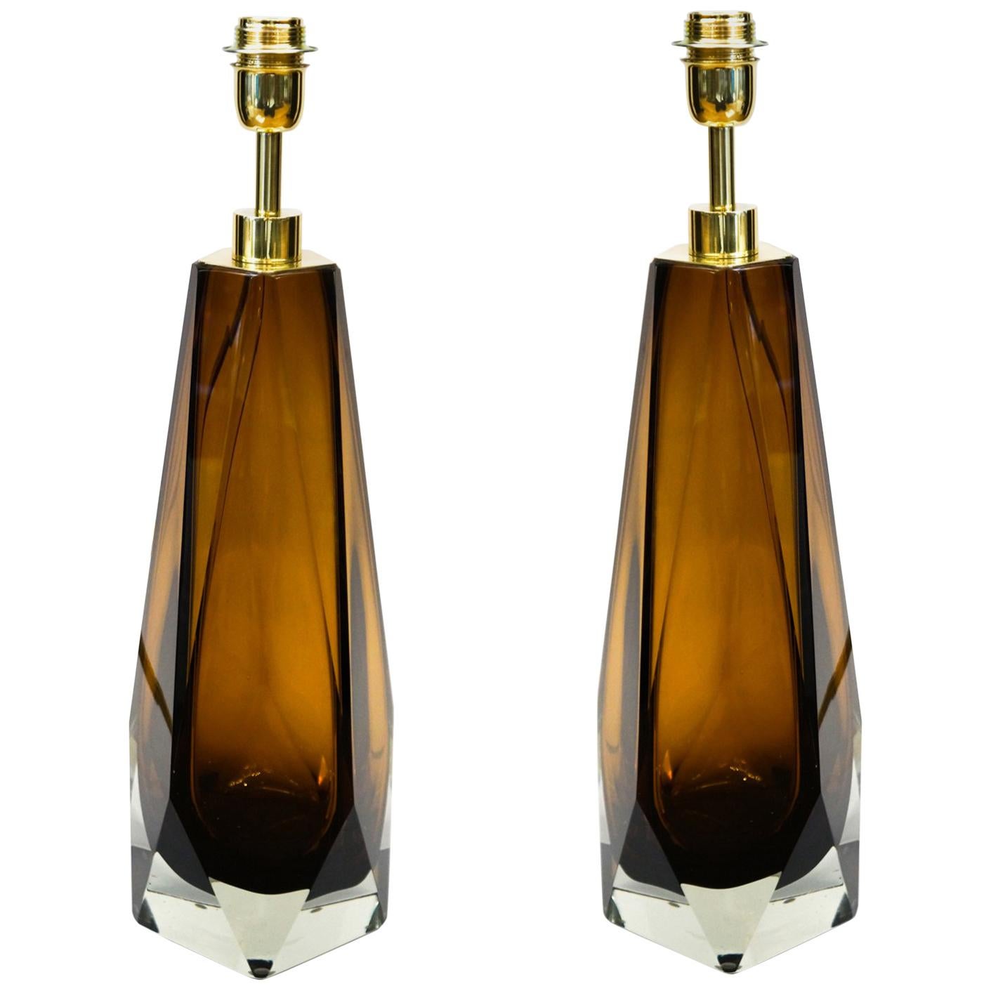 Alberto Donà Pareja de lámparas de mesa de cristal de Murano, ámbar, modernas de mediados de siglo, 1995