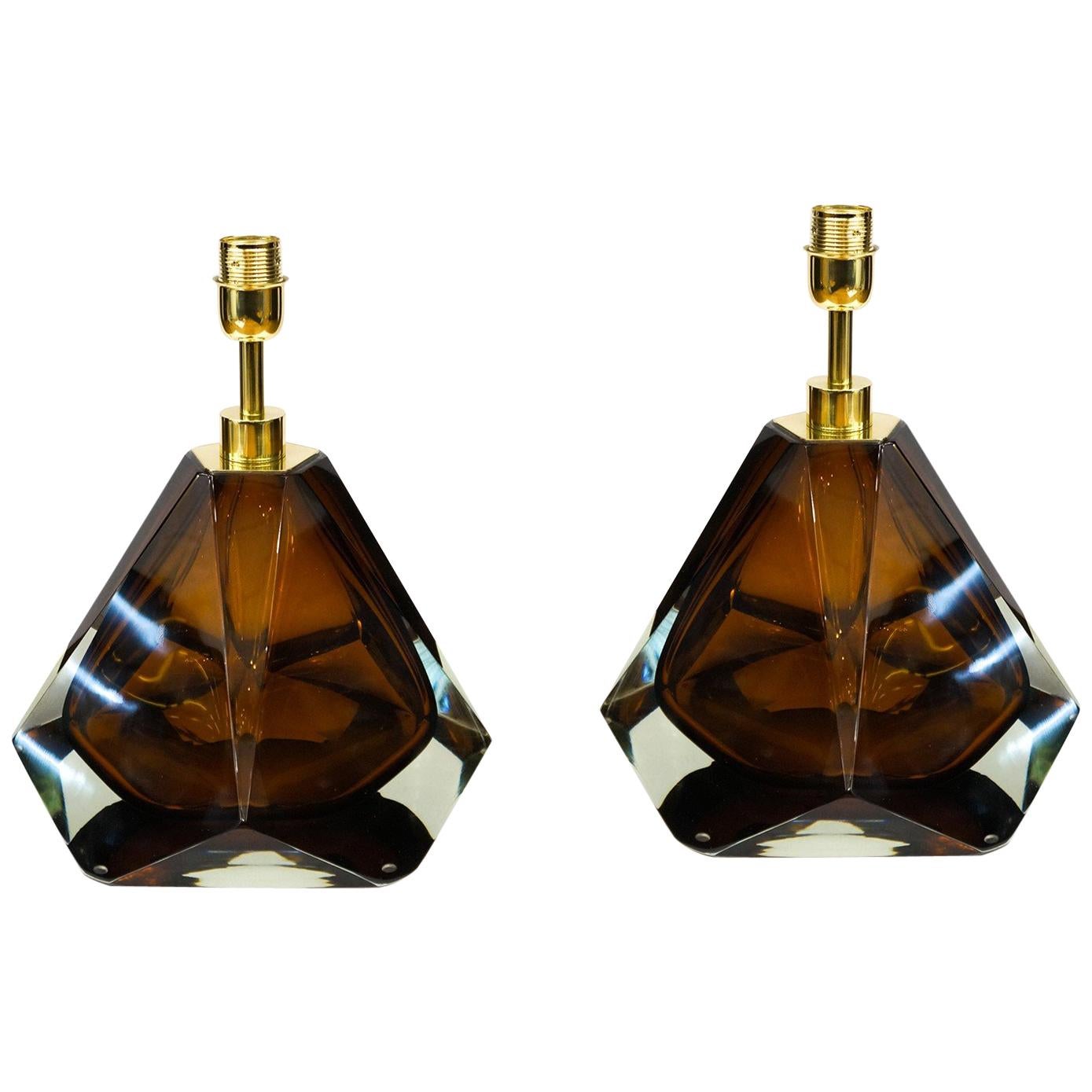 Alberto Donà Pareja de lámparas de mesa de cristal de Murano, ámbar, modernas de mediados de siglo, 1995 en venta