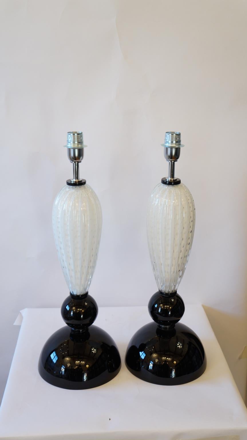 Italian Alberto Donà Mid-Century Modern Black White Two Murano Glass Table Lamps, 1995 For Sale