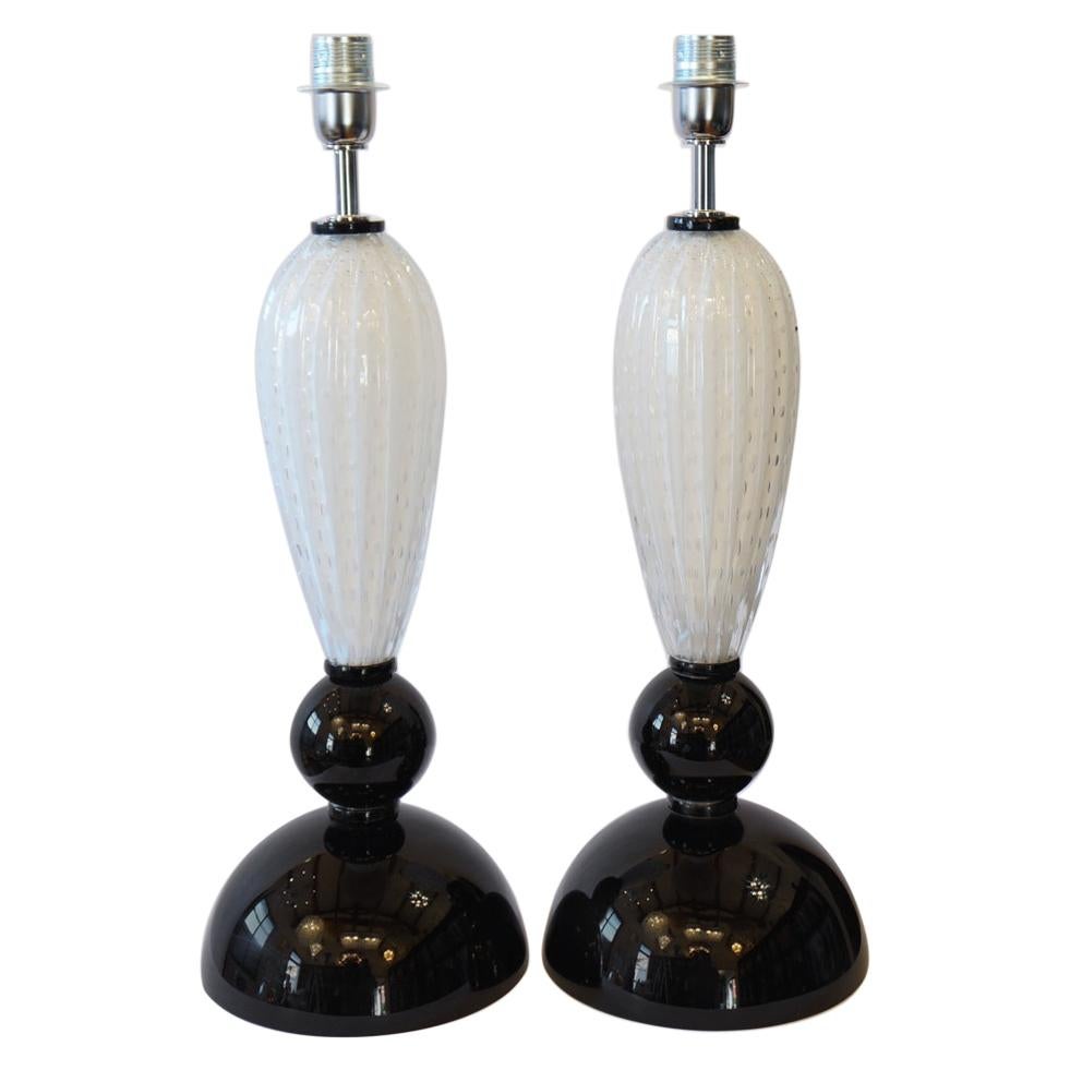 Alberto Donà Mid-Century Modern Black White Two Murano Glass Table Lamps, 1995