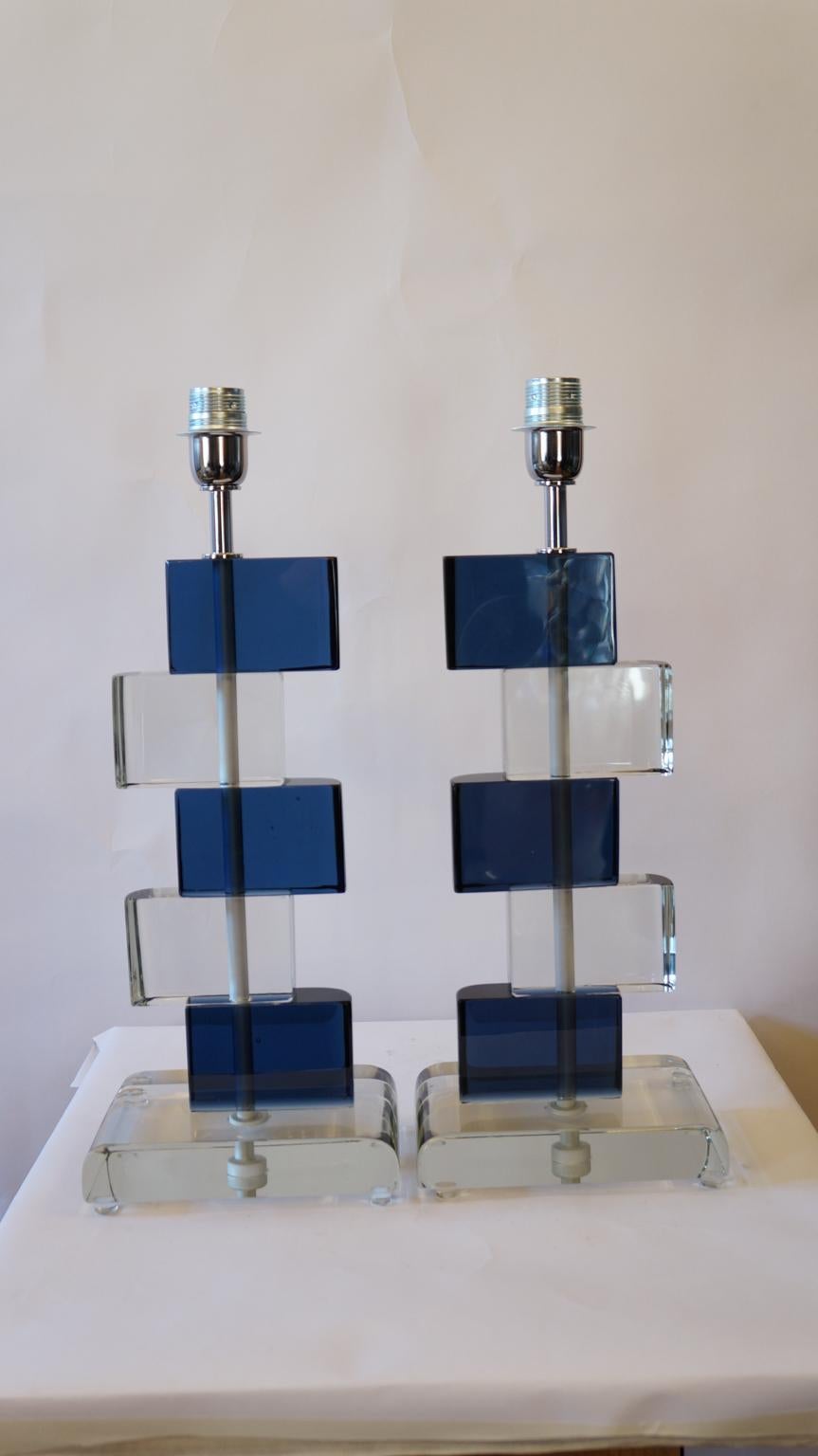 Alberto Donà Mid-Century Modern Blue Crystal Two Murano Glass Table Lamps, 1975 For Sale 4