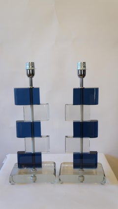 Alberto Donà Mid-Century Modern Blue Crystal Two Murano Glass Table Lamps, 1975
