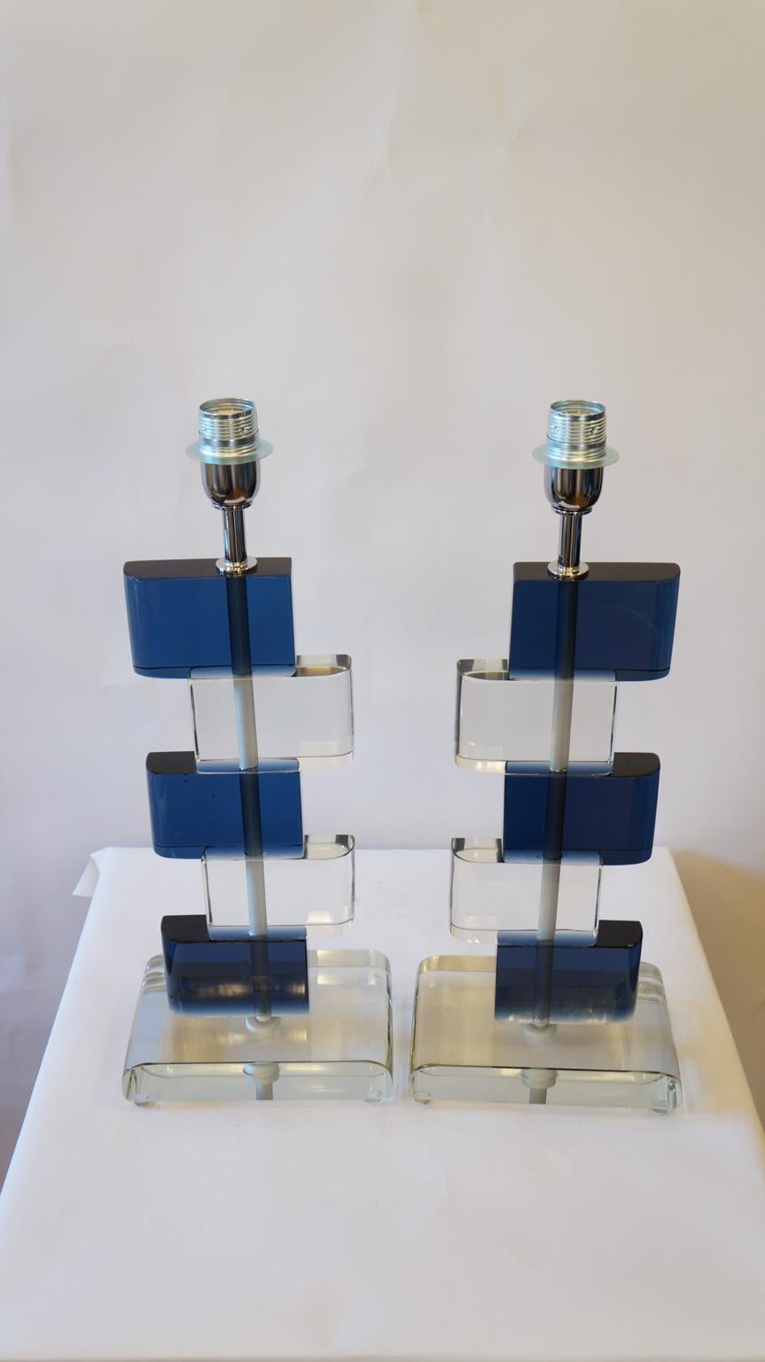Italian Alberto Donà Mid-Century Modern Blue Crystal Two Murano Glass Table Lamps, 1975 For Sale