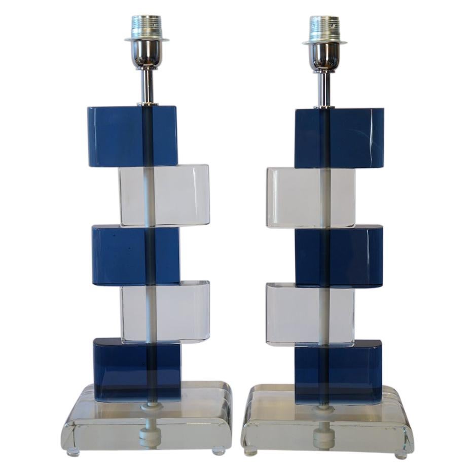 Alberto Donà Mid-Century Modern Blue Crystal Two Murano Glass Table Lamps, 1975