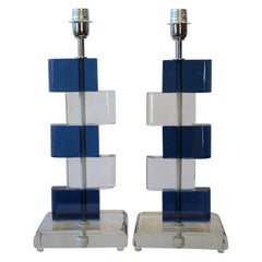 Alberto Donà Mid-Century Modern Blue Crystal Two Murano Glass Table Lamps, 1975