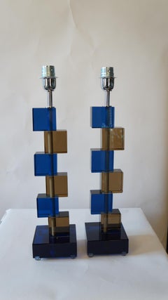 Alberto Donà Mid-Century Modern Blue Smoke Two Murano Glass Table Lamps, 1975