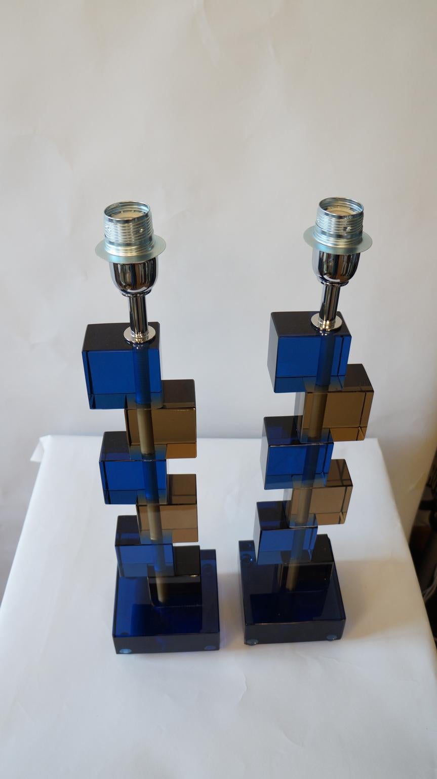 Hand-Crafted Alberto Donà Mid-Century Modern Blue Smoke Two Murano Glass Table Lamps, 1975 For Sale