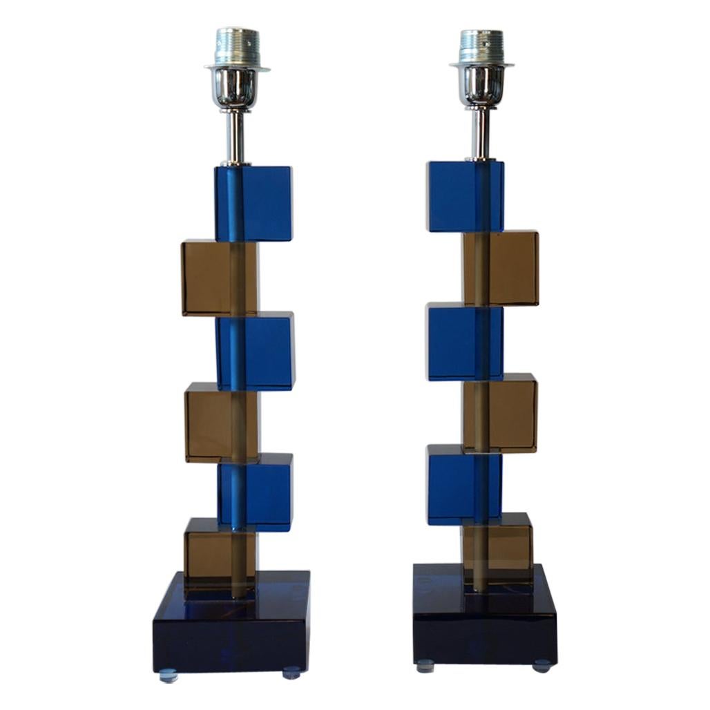 Alberto Donà Mid-Century Modern Blue Smoke Two Murano Glass Table Lamps, 1975 For Sale