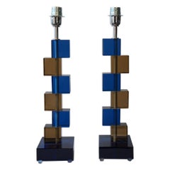 Alberto Donà Mid-Century Modern Blue Smoke Two Murano Glass Table Lamps, 1975