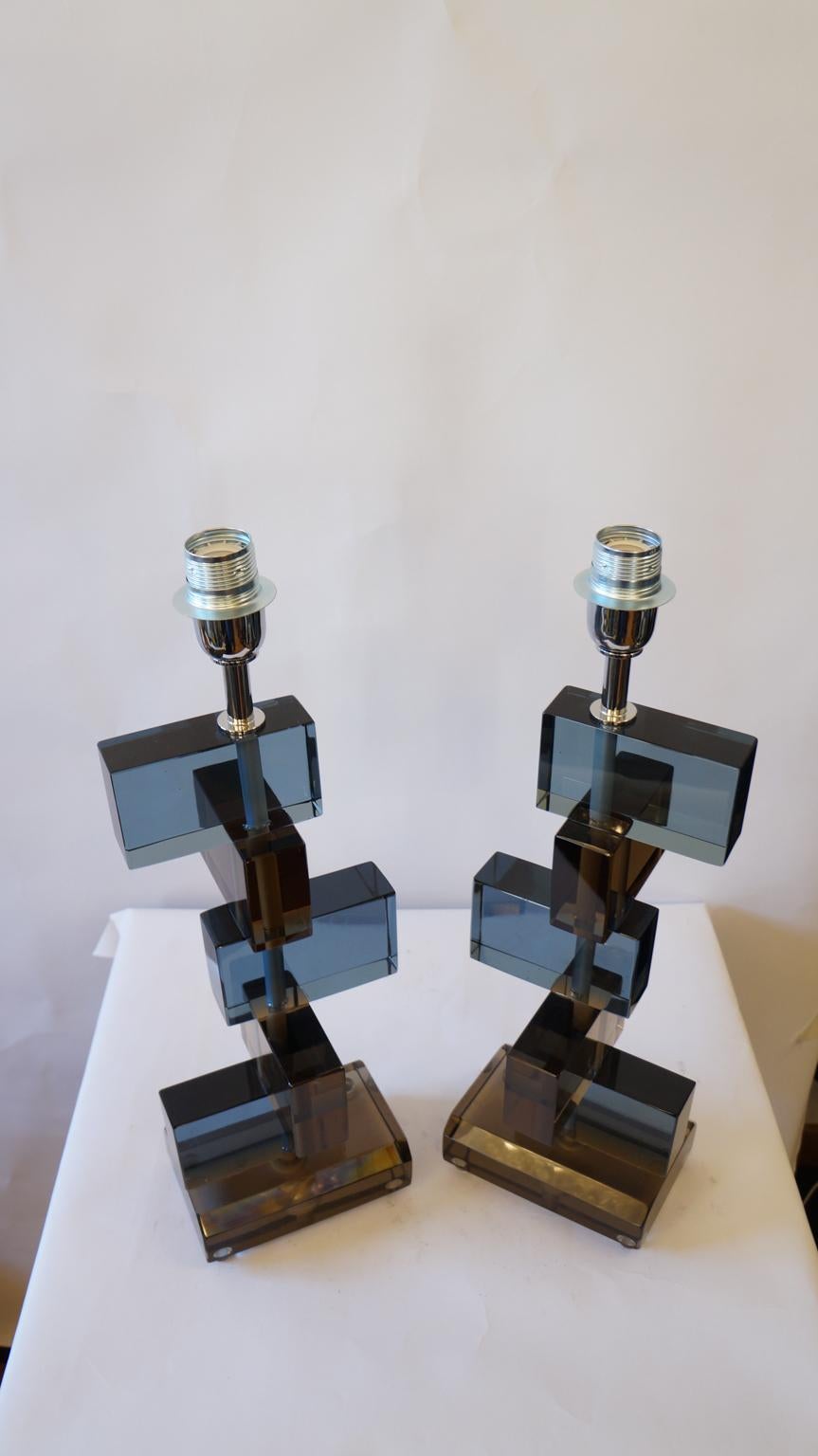 Hand-Crafted Alberto Donà Mid-Century Modern Blue Smoky Two Murano Glass Table Lamps, 1975 For Sale