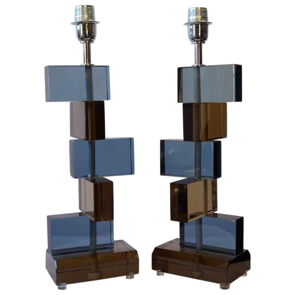 Alberto Donà Mid-Century Modern Blue Smoky Two Murano Glass Table Lamps, 1975 For Sale