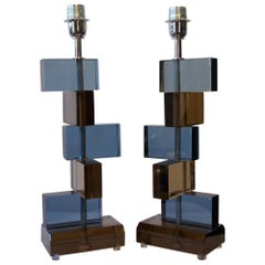 Alberto Donà Mid-Century Modern Blue Smoky Two Murano Glass Table Lamps, 1975