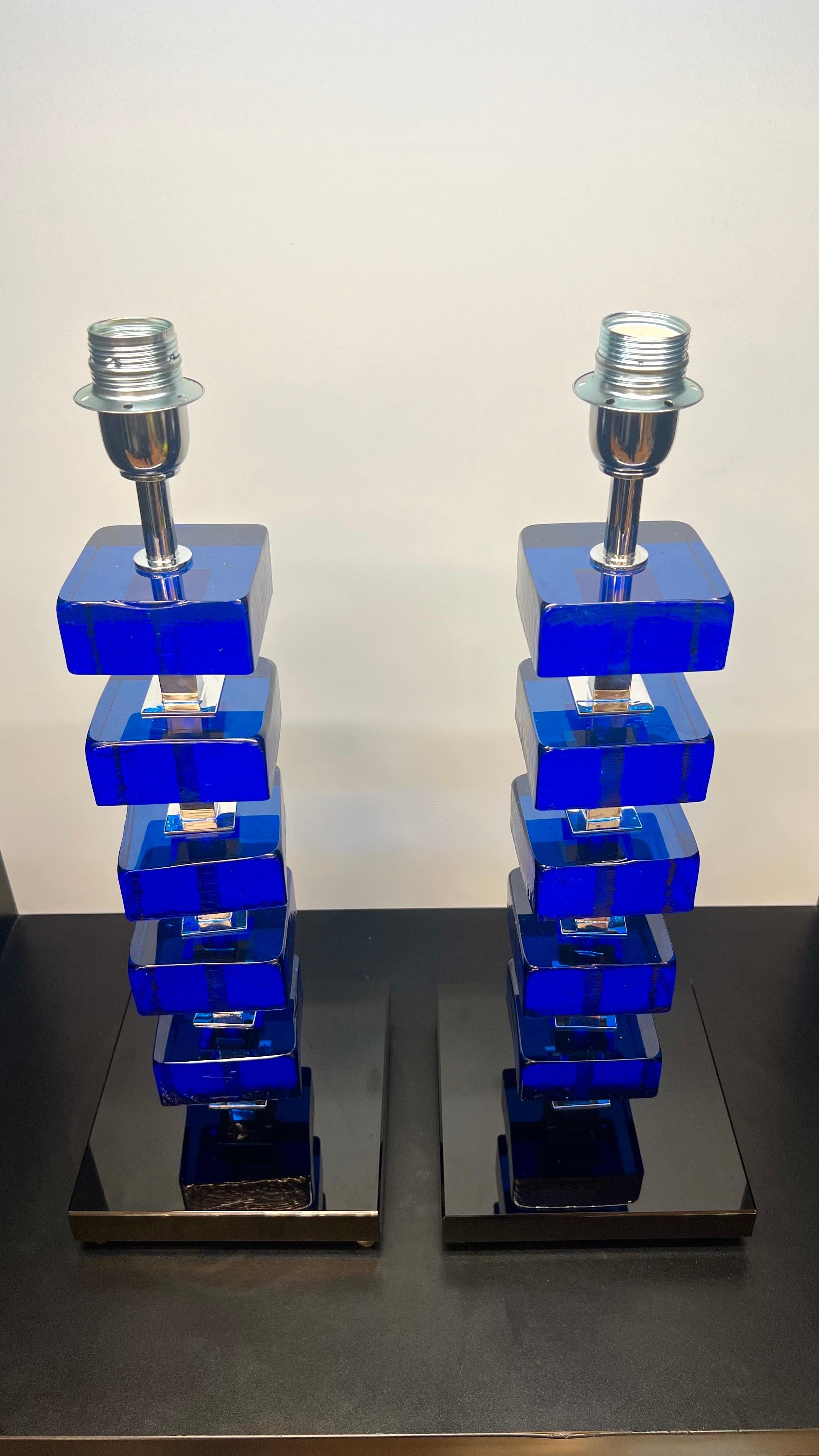Hand-Crafted Alberto Donà Mid-Century Modern Blue Two Murano Glass Table Lamps 2024 For Sale