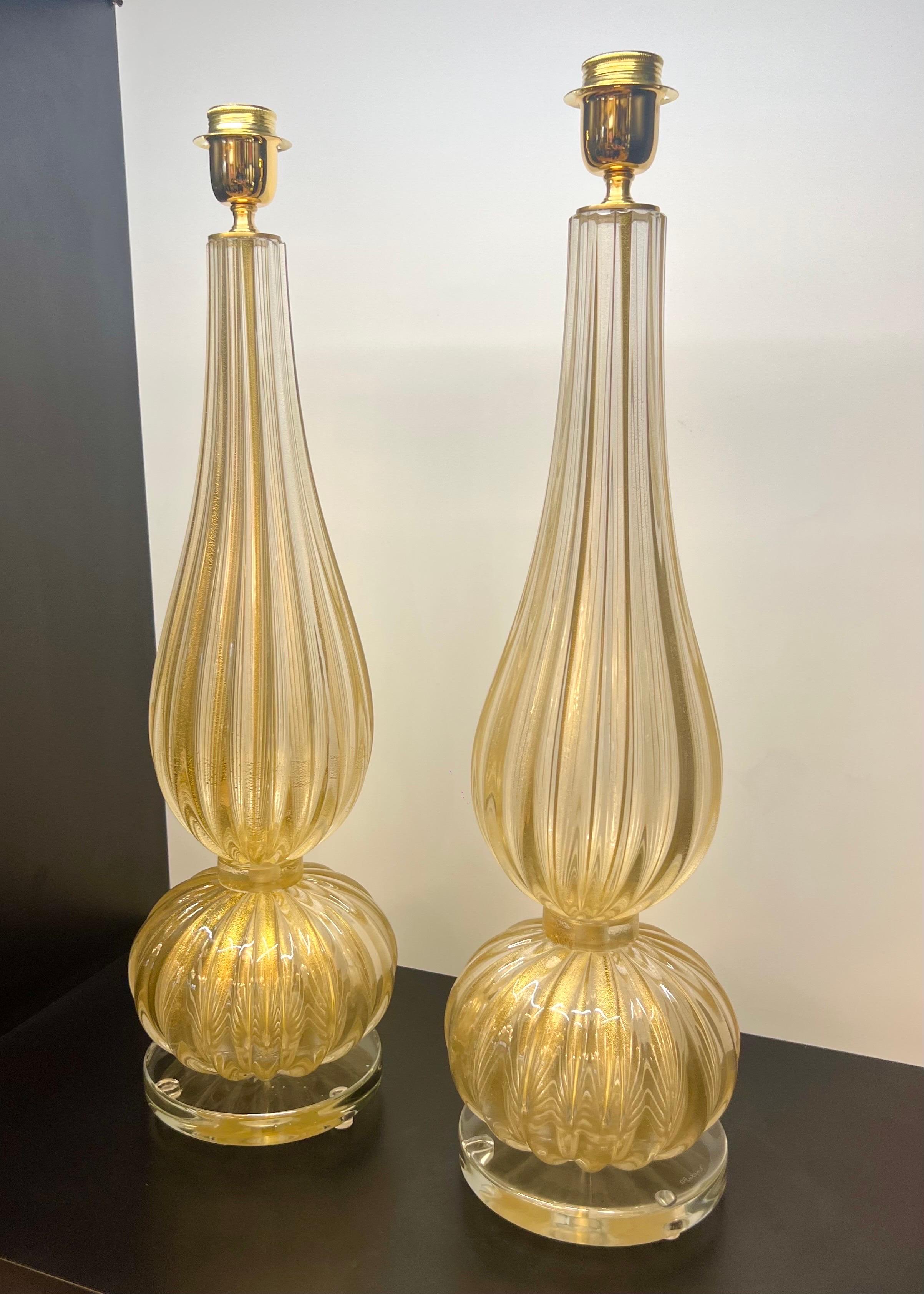 Alberto Donà Modernité du milieu du siècle Feuille d'or 24kt Deux lampes de table en verre Murano 2024 en vente 10