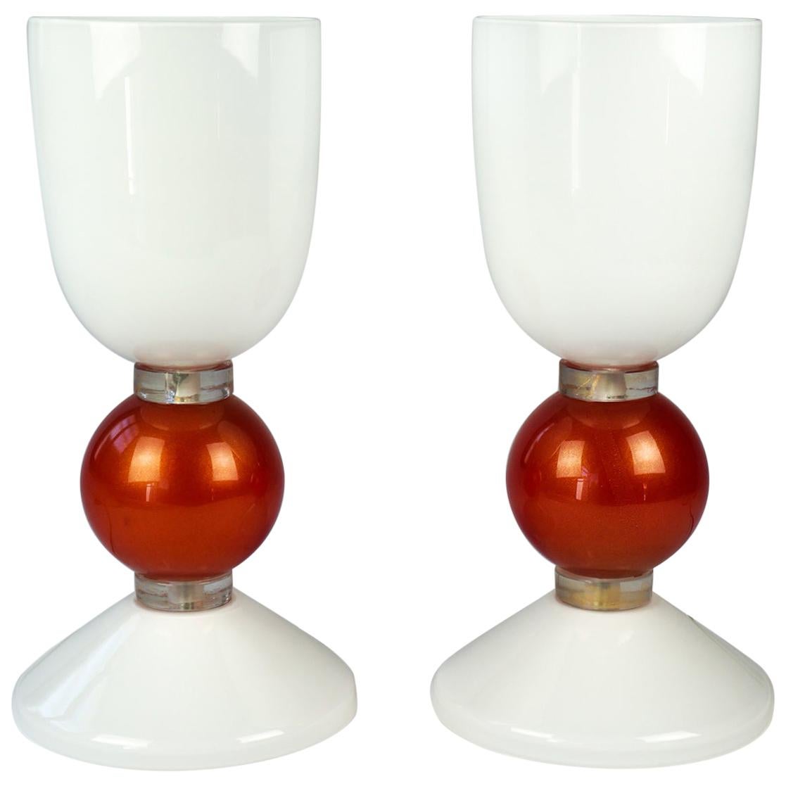 Deux lampes de bureau en verre de Murano rouge doré, de style moderne du milieu du siècle dernier d'Alberto Don, 1984