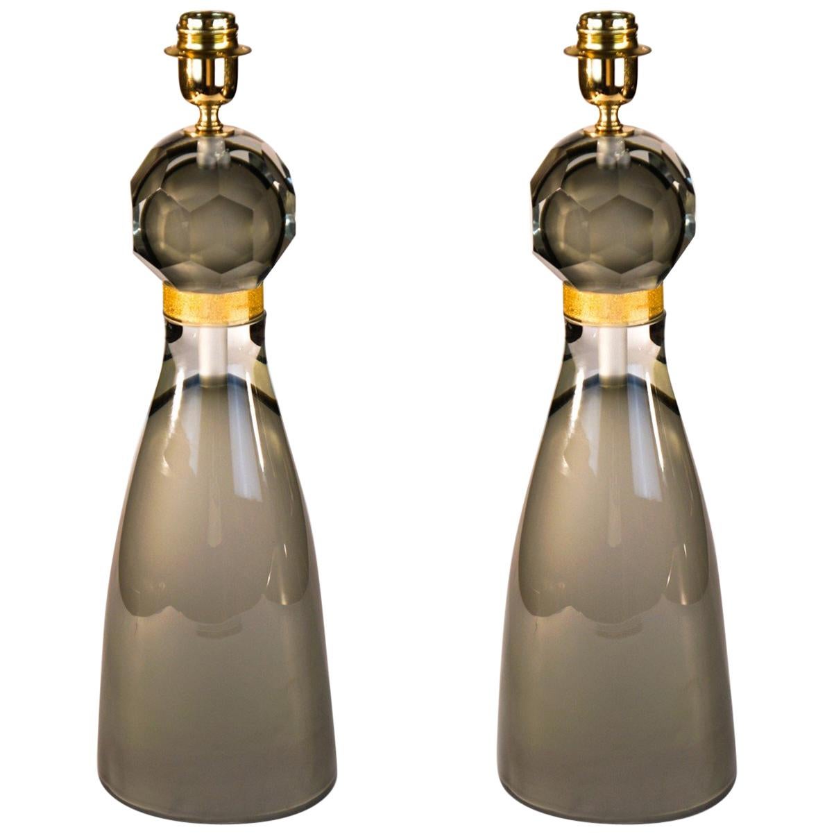 Coppia di lampade da tavolo in vetro di Murano grigio di Alberto Donà, metà del secolo scorso, 1992