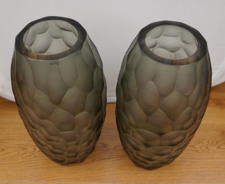 Italian Alberto Donà Mid-Century Modern Grey Two Molato Murano Glass Vases Signed, 1999 For Sale