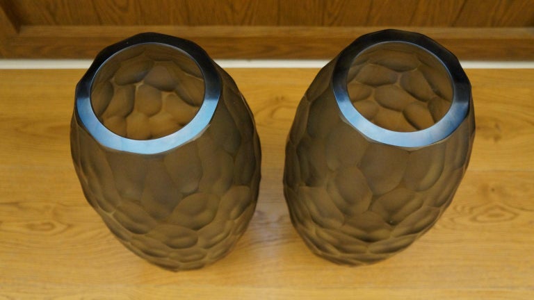 Late 20th Century Alberto Donà Mid-Century Modern Grey Two Molato Murano Glass Vases Signed, 1999 For Sale