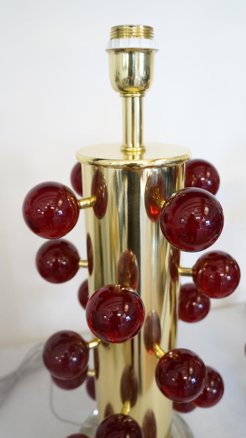 Italian Alberto Donà Mid-Century Modern Red Two Murano Glass Table Lamps, 1997 For Sale