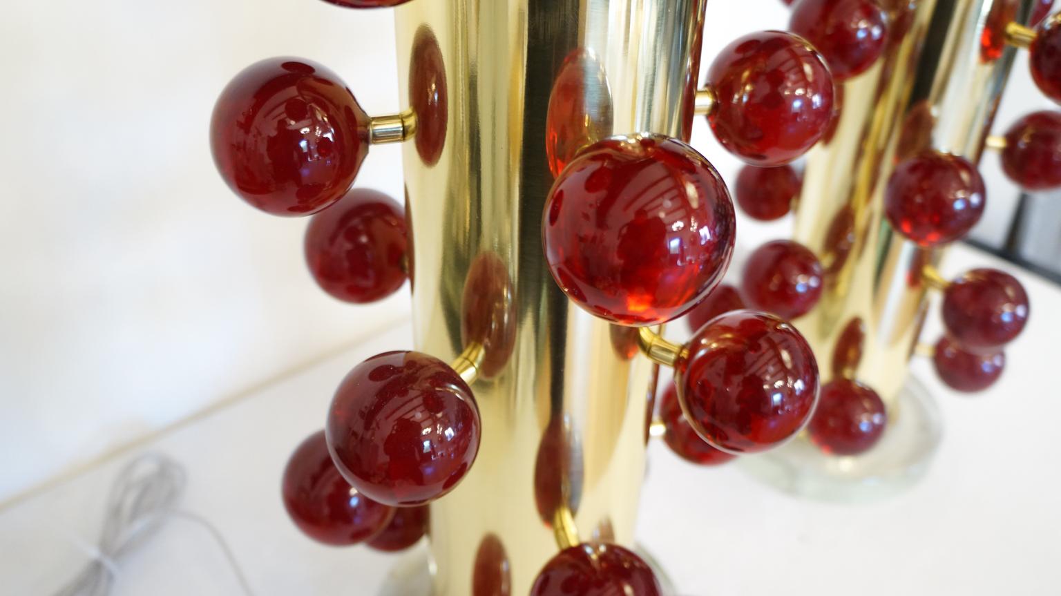 Late 20th Century Alberto Donà Mid-Century Modern Red Two Murano Glass Table Lamps, 1997 For Sale